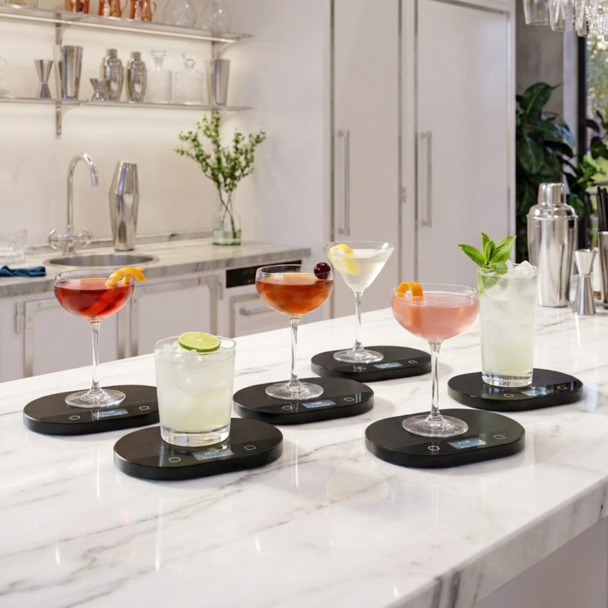Six classic cocktails each on a Half Decent scale